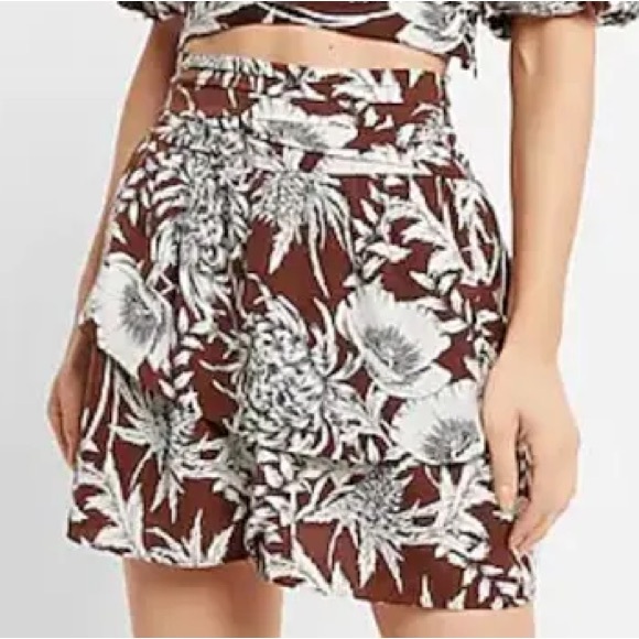 Express Dresses & Skirts - NEW Express Asymmetrical Tiered Tropical Floral Print Mini Skirt | BROWN | Sz 14